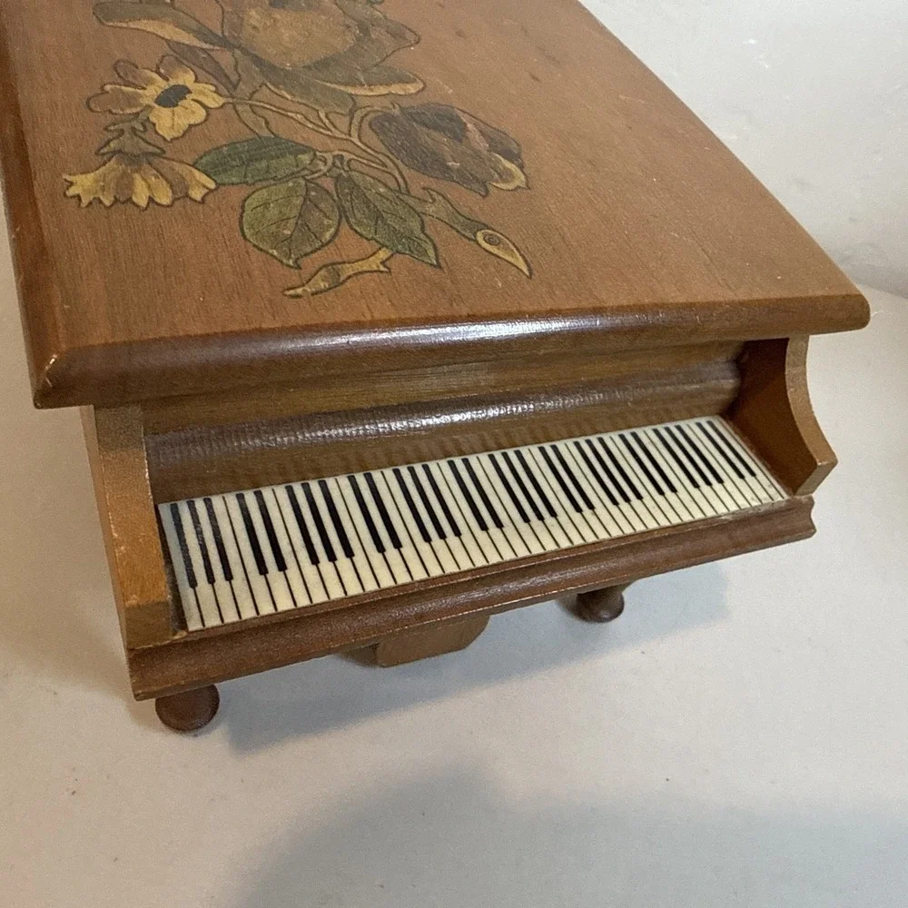 Vintage Wooden Grand Piano Box Floral Inlay Jewelry Trinket Box Rustic Cottage